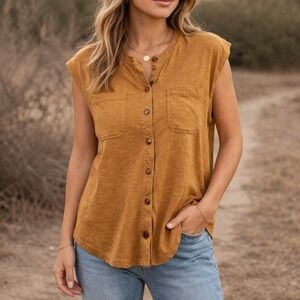 Soft Surroundings Button Down Women M Brown Top Sleeveless Capsule Wardrobe